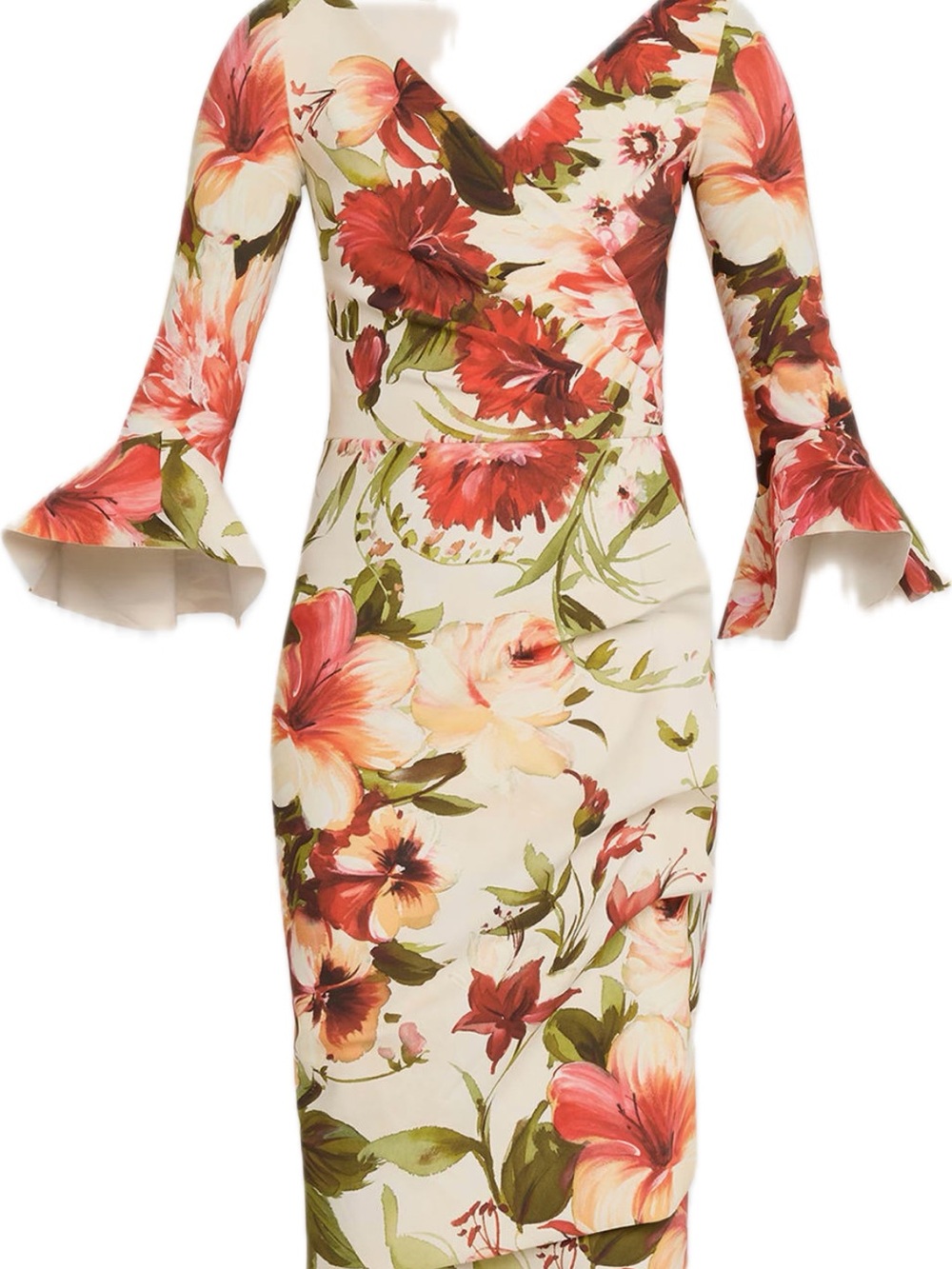 Chiara Boni Cream Midi Dress with Coral and Red Floral Motif